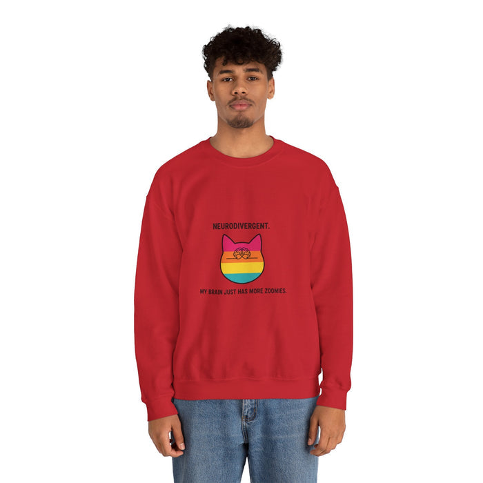 Neurodivergent Rainbow Cat Crewneck Sweatshirt — “My Brain Just Has More Zoomies” - FloofChonk
