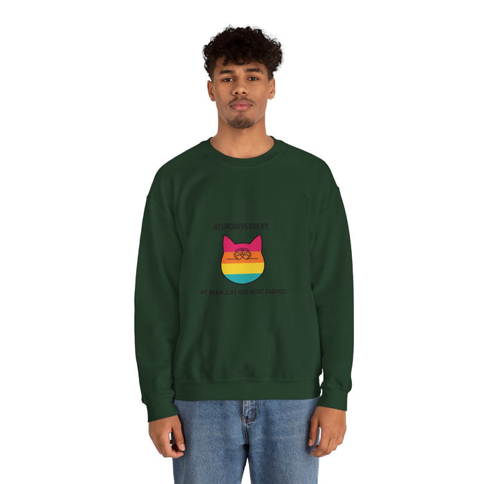 Neurodivergent Rainbow Cat Crewneck Sweatshirt — “My Brain Just Has More Zoomies” - FloofChonk