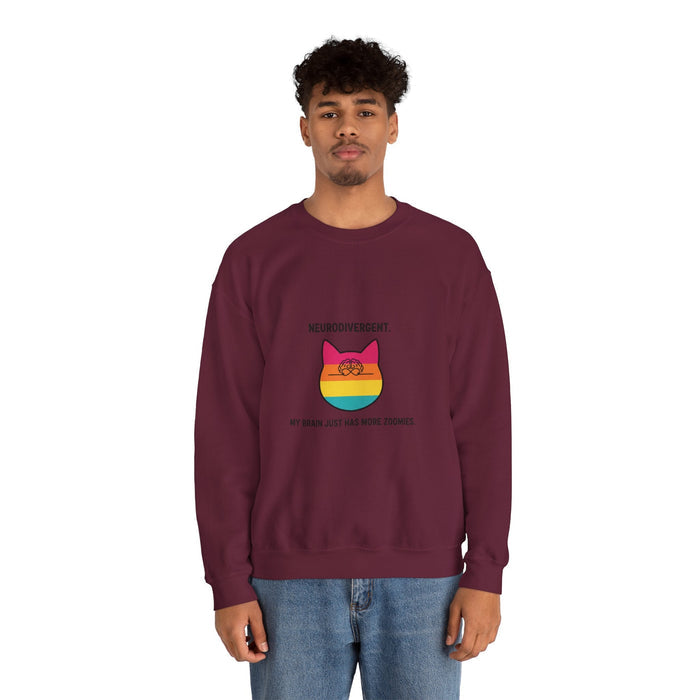 Neurodivergent Rainbow Cat Crewneck Sweatshirt — “My Brain Just Has More Zoomies” - FloofChonk