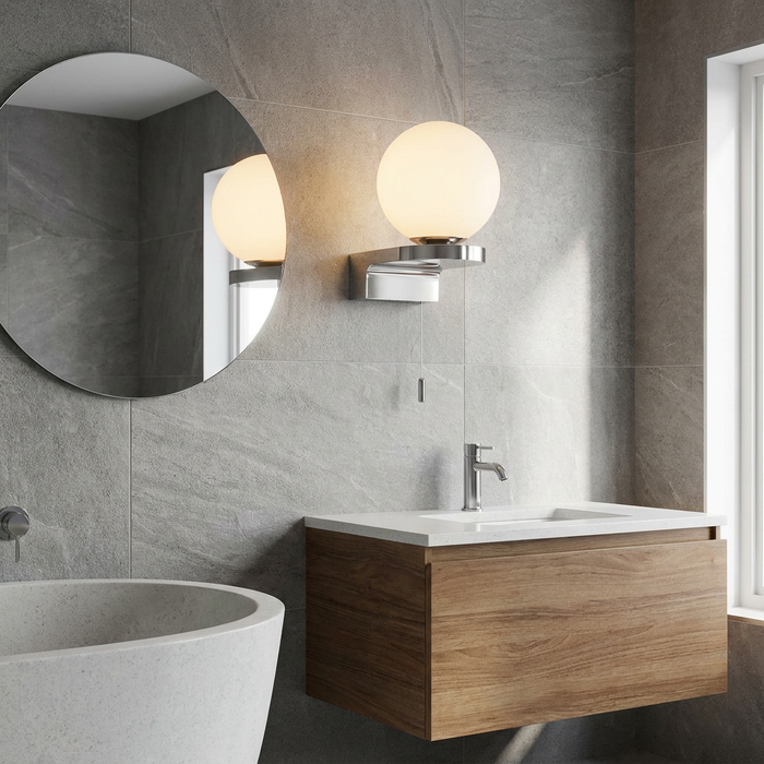 Lit globe bathroom wall light with chrome finish on a grey tiled wall above a wooden vanity.