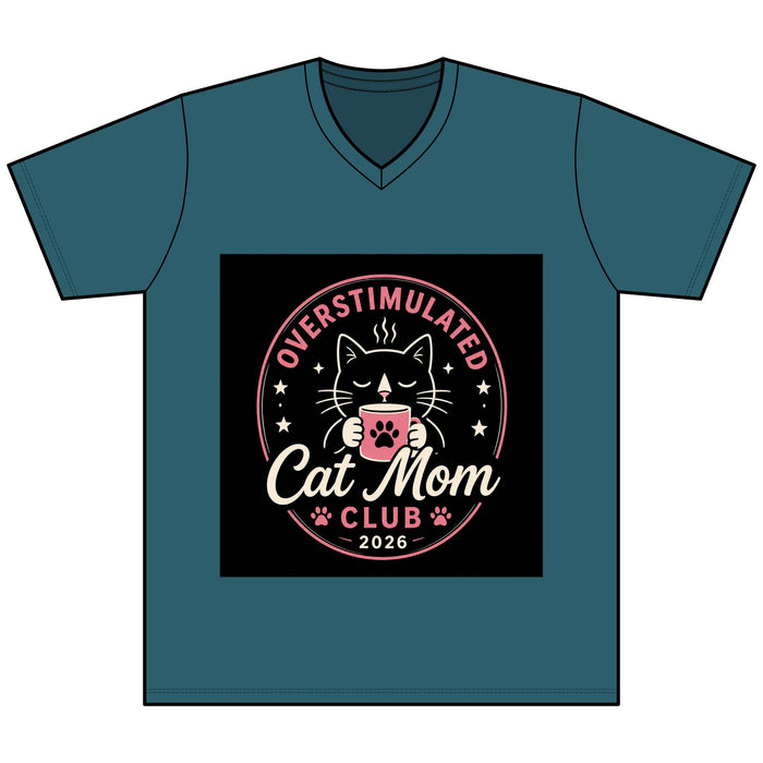Overstimulated Cat Mom Club V - Neck Tee — Funny Cat Mom Shirt - FloofChonk