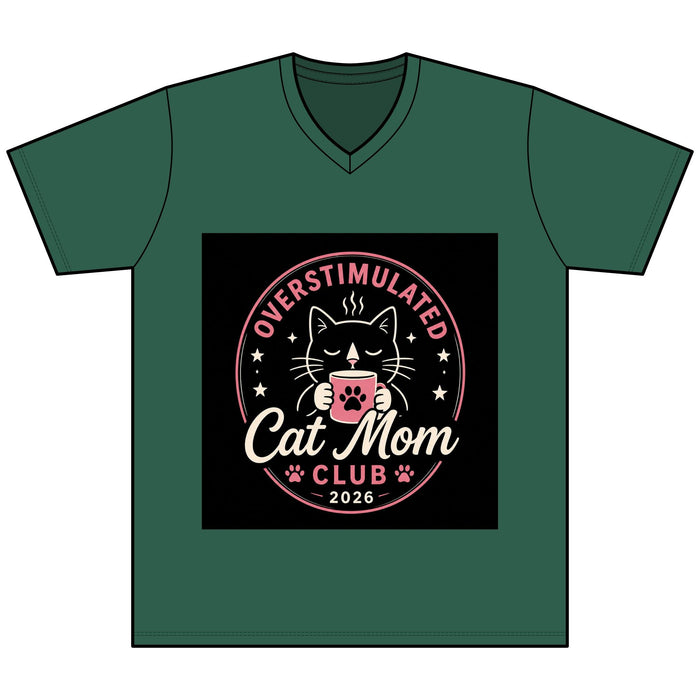 Overstimulated Cat Mom Club V - Neck Tee — Funny Cat Mom Shirt - FloofChonk