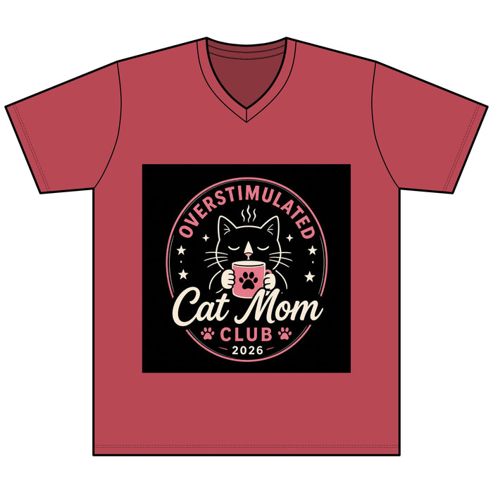 Overstimulated Cat Mom Club V - Neck Tee — Funny Cat Mom Shirt - FloofChonk