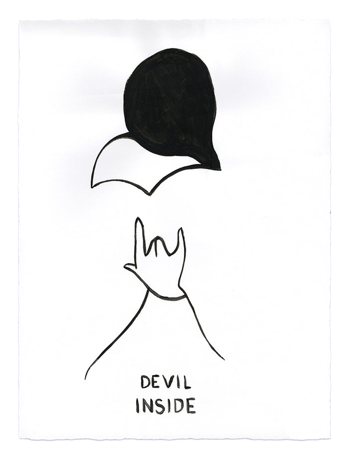 The Devil Inside print by Petites Luxures is a minimalist black and white illustration featuring a hand making the rock on gesture beneath a stylized devils head with horns. This limited edition screen print is signed, numbered, and includes the text DEVIL INSIDE.