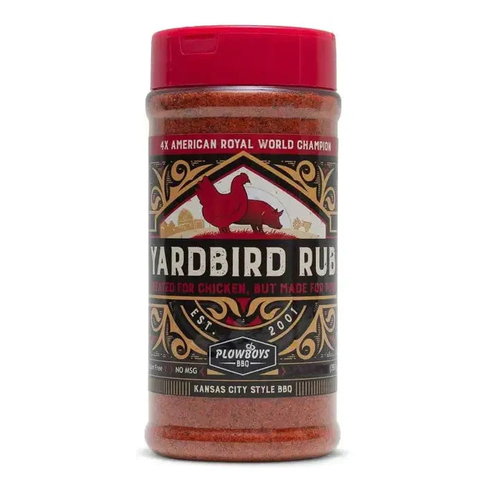 Plowboys BBQ Yardbird Rub seasoning shaker, Kansas City style, red cap with decorative label