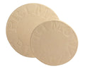 Two round beige ceramic baking stones with embossed text, stacked at angle