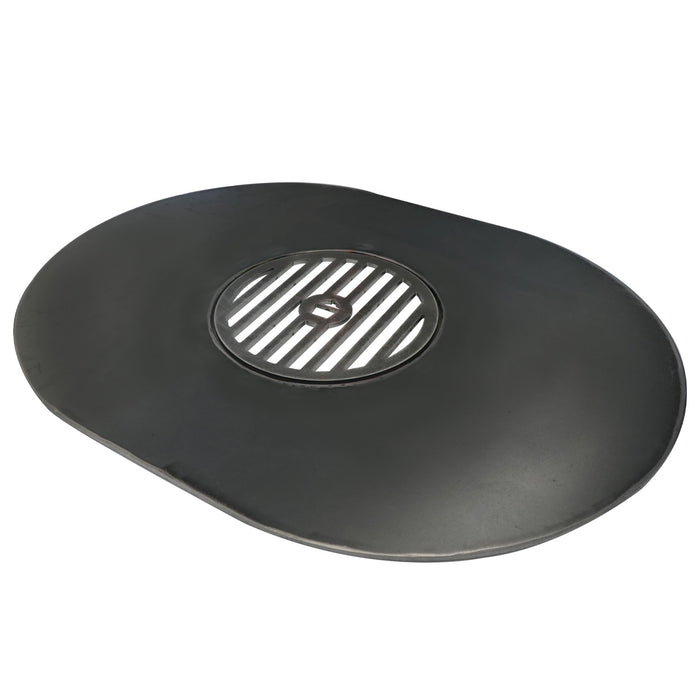 Black oval griddle with center vent hole and stainless steel grate insert
