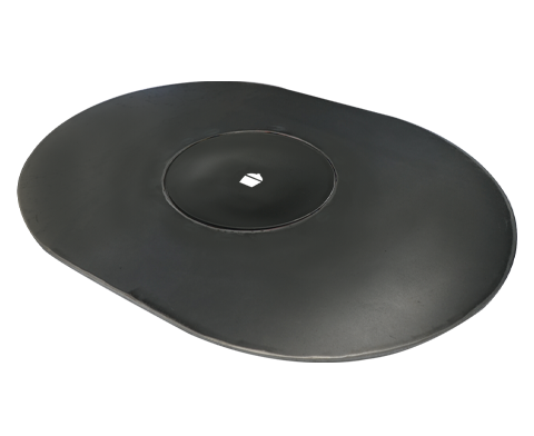 Black griddle top with oval shape and center vent hole for outdoor cooking