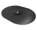 Black griddle top with oval shape and center vent hole for outdoor cooking