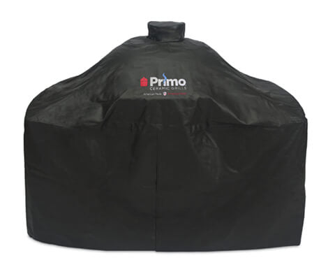 Black Primo grill cover for oval XL ceramic charcoal grill cart with dome-shaped protective design