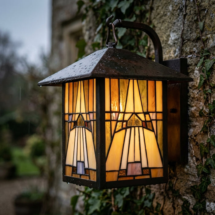 Quoizel Inglenook Medium Tiffany Outdoor Wall Light by Elstead Lighting — suits living rooms, bedrooms & hallways