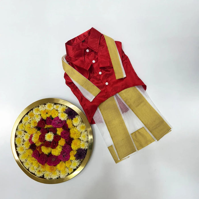 Red satin shirt, Lungi and Dupatta set