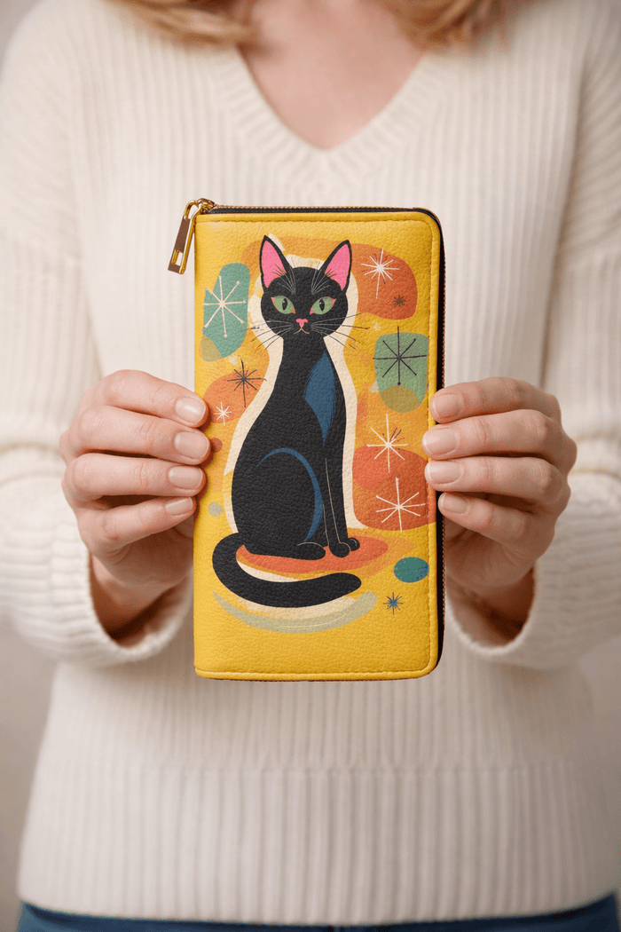 Retro Black Cat Zipper Wallet — Mid - Century Modern Cat Wallet - FloofChonk