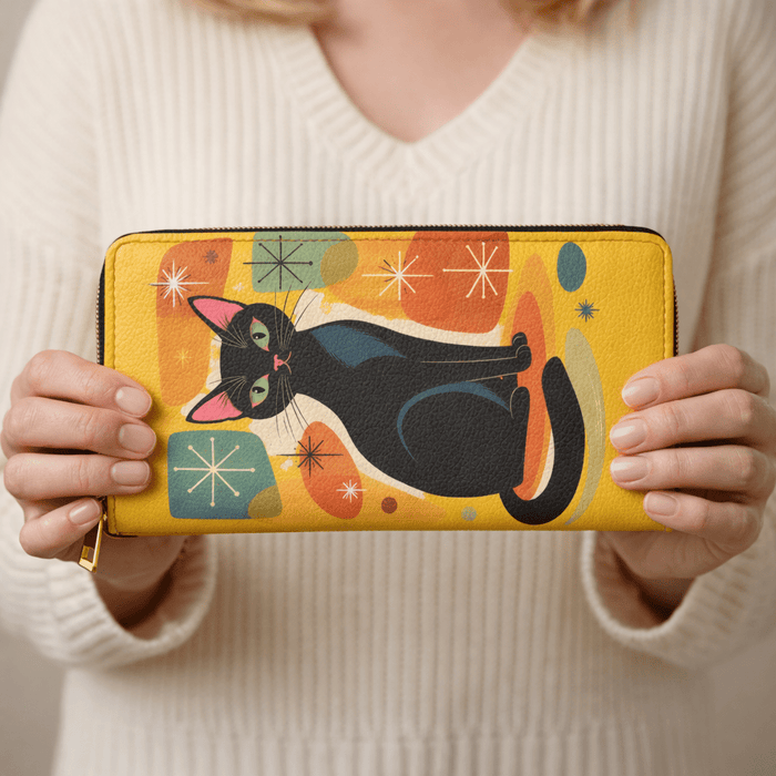 Retro Black Cat Zipper Wallet — Mid - Century Modern Cat Wallet - FloofChonk