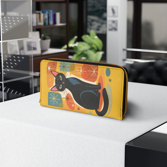 Retro Black Cat Zipper Wallet — Mid - Century Modern Cat Wallet - FloofChonk