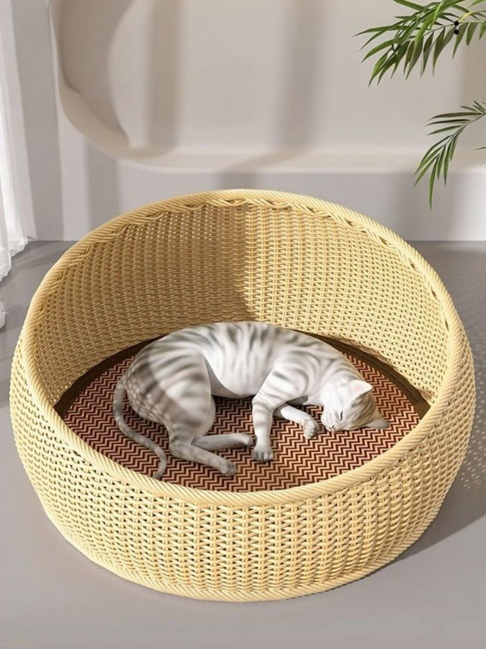 Round Woven Rattan Pet Nest - FloofChonk
