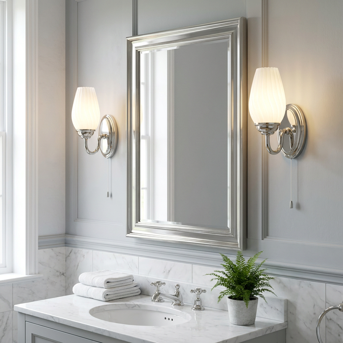 Two Sater chrome bathroom wall lights with ribbed glass shades flank a large silver mirror over a marble vanity.