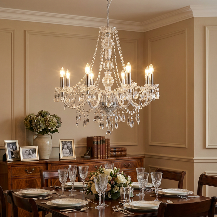 Searchlight Marie Therese 8 Light Clear Acrylic Chandelier illuminating a formal dining room setting.