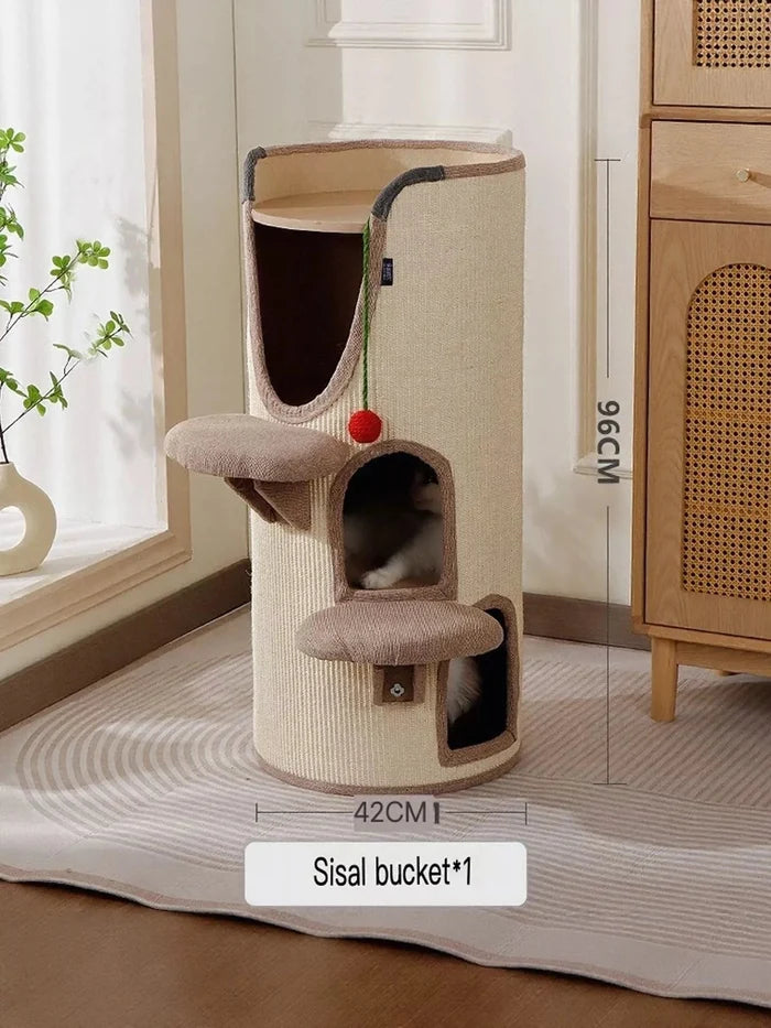 Sisal - Covered Cylinder Cat Tree Condo with Plush Perch - FloofChonk