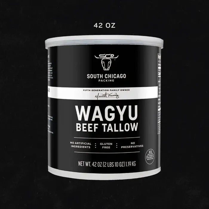 South Chicago Packing Wagyu beef tallow 42 oz can with black label and white lid