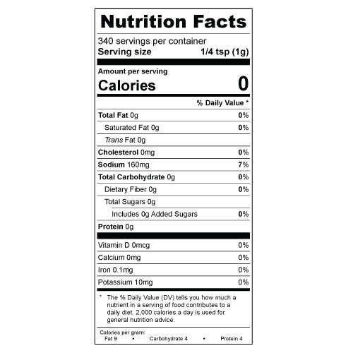 Nutrition Facts label showing 0 calories per serving, 160mg sodium, 0g total fat, carbs, fiber, sugars, and protein