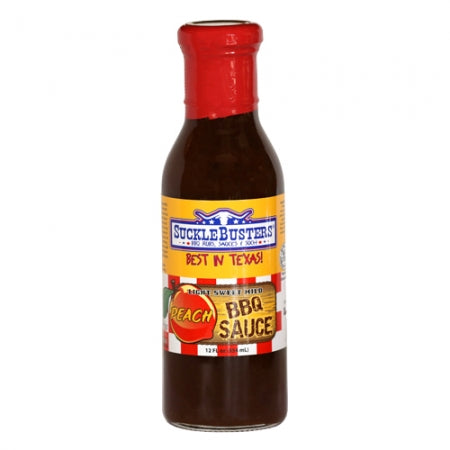 Sucklebusters Peach BBQ Sauce bottle with red cap and yellow label