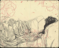 The Sunday Morning illustration by Zachary Oldenkamp captures a serene scene of a person lying on their side, wrapped in a blanket. Delicate pen and ink lines depict their long hair spread across the pillow, with red floral patterns blending into the monochrome theme on Moleskine pages.
