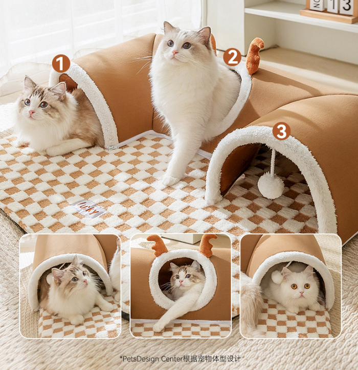 Tunnel pour chats d'intérieur avec tapis moelleux, taille L