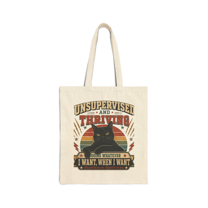 Unsupervised and Thriving Cat Tote Bag – Funny Retro Black Cat Canvas Tote - FloofChonk