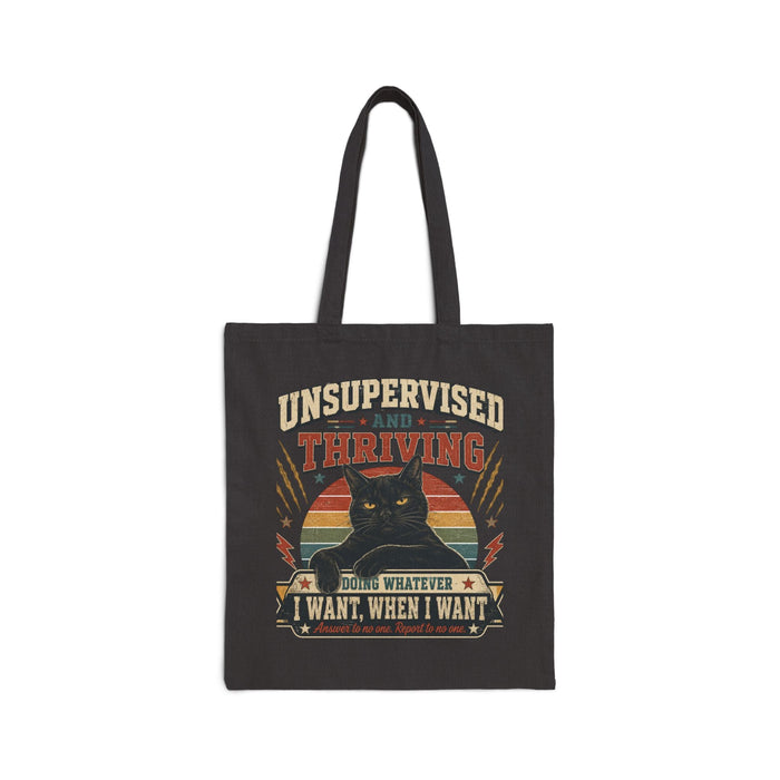 Unsupervised and Thriving Cat Tote Bag – Funny Retro Black Cat Canvas Tote - FloofChonk