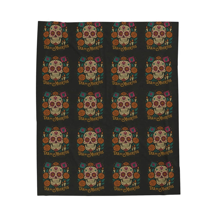 Velveteen Plush Blanket - Dia de los Muertos Skulls and Flowers Halloween Home Decor - FloofChonk