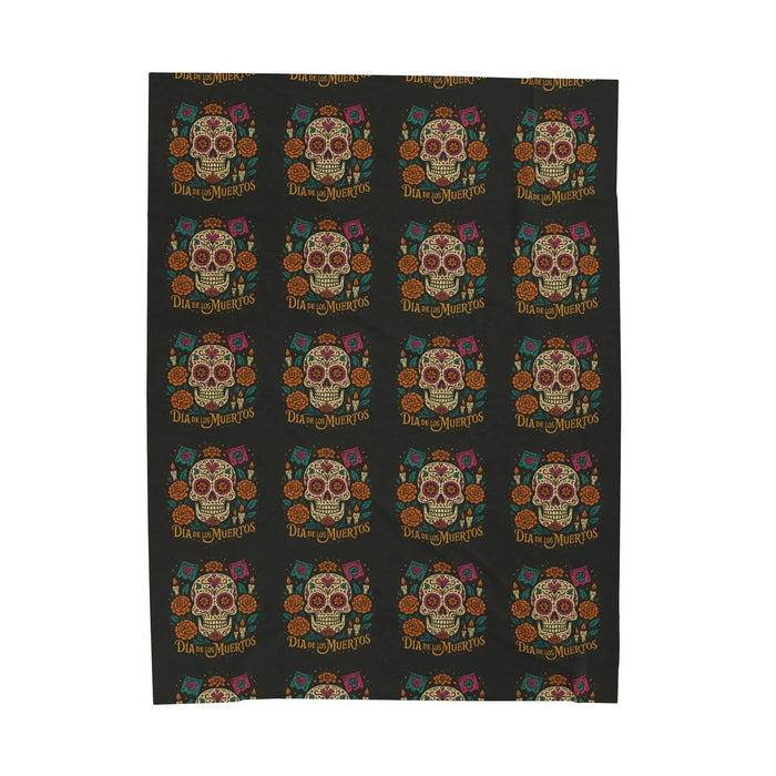 Velveteen Plush Blanket - Dia de los Muertos Skulls and Flowers Halloween Home Decor - FloofChonk