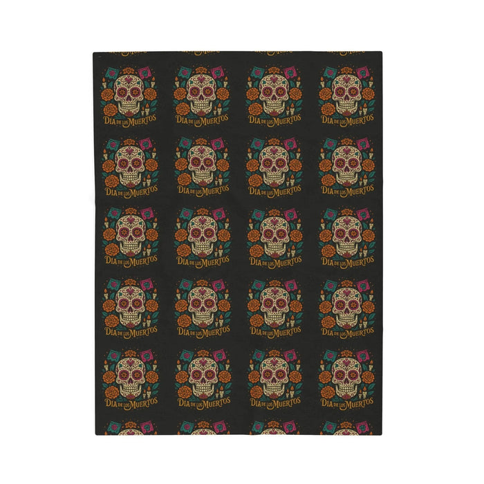 Velveteen Plush Blanket - Dia de los Muertos Skulls and Flowers Halloween Home Decor - FloofChonk