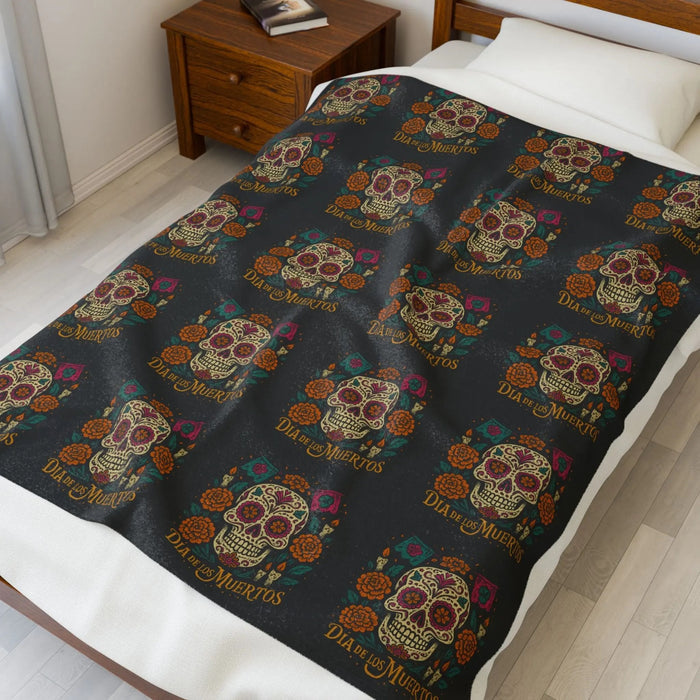 Velveteen Plush Blanket - Dia de los Muertos Skulls and Flowers Halloween Home Decor - FloofChonk