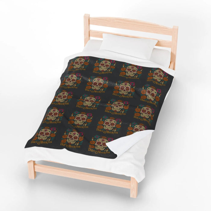 Velveteen Plush Blanket - Dia de los Muertos Skulls and Flowers Halloween Home Decor - FloofChonk