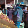 Waiting #179 by Brett Amory is a signed, numbered limited edition archival pigment print portraying people at a fruit stand in a bustling market. The artwork features vivid brushstrokes and rich colors against blurred storefront signs, capturing vibrant urban life.