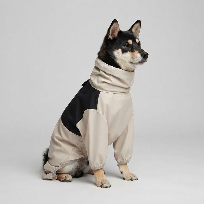 Shiba Inu wearing a beige and black waterproof four-leg dog raincoat
