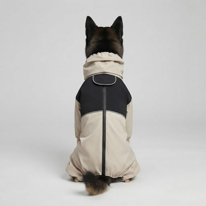Rear view of a beige and black waterproof four-leg dog raincoat