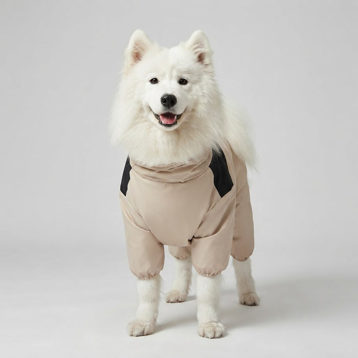 White medium-size dog wearing a beige waterproof four-leg raincoat