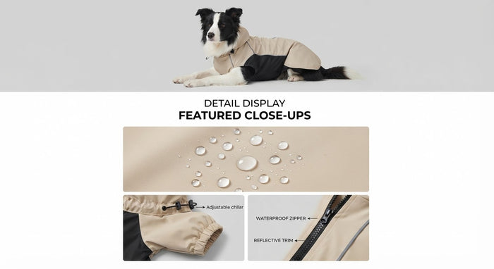 Dog raincoat details including water-repellent fabric, adjustable collar, waterproof zipper, and reflective trim