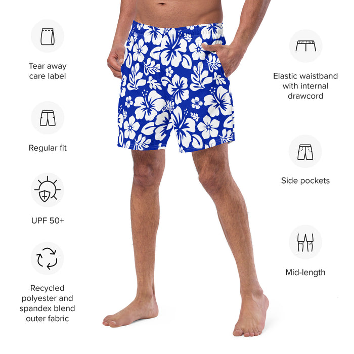 White and Royal Blue Hawaiian Flowers Men's Swimsuit - Extremely Stoked