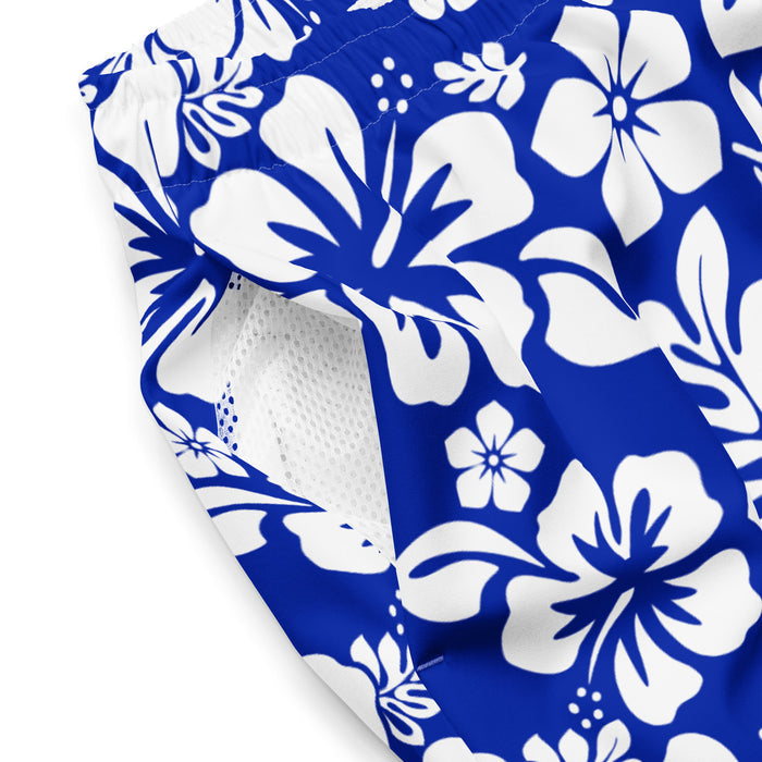 White and Royal Blue Hawaiian Flowers Men's Swimsuit - Extremely Stoked