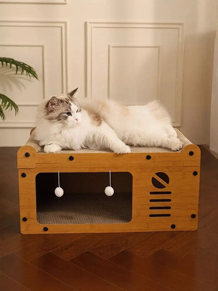 Wooden Cat House with Scratching Pad - FloofChonk