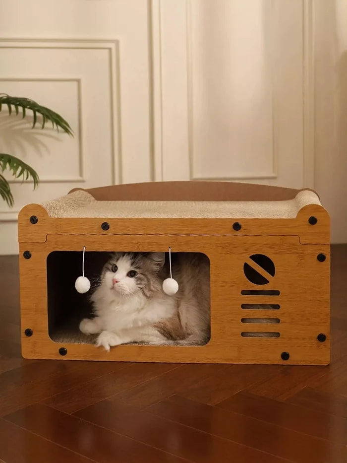 Wooden Cat House with Scratching Pad - FloofChonk