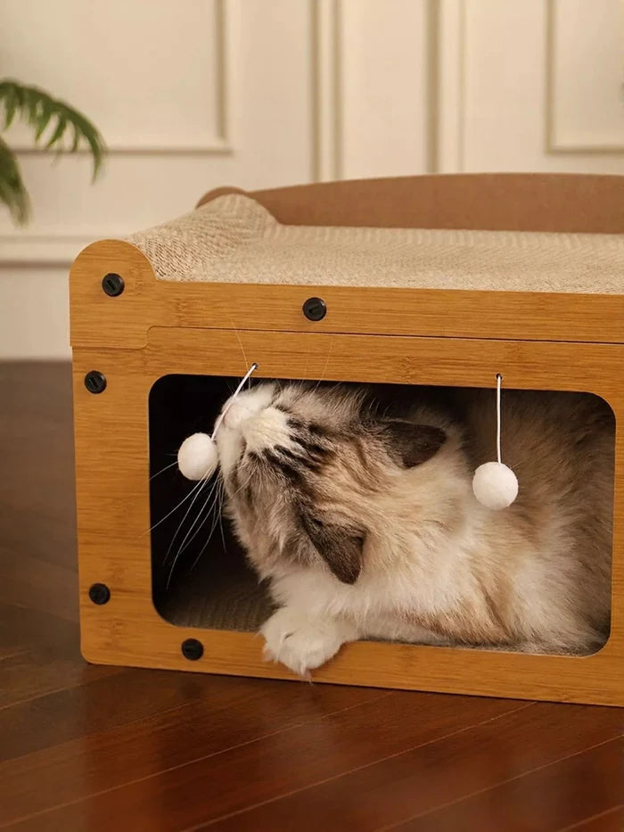 Wooden Cat House with Scratching Pad - FloofChonk