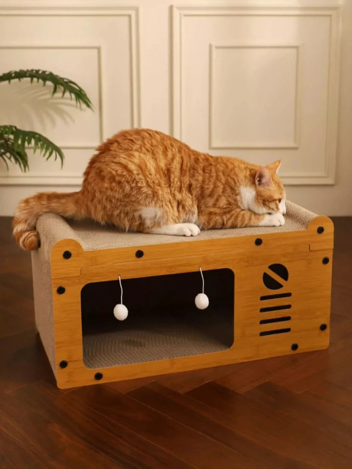 Wooden Cat House with Scratching Pad - FloofChonk