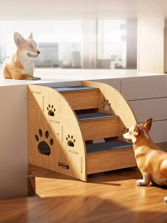 Wooden Pet Stairs with Paw Prints - FloofChonk