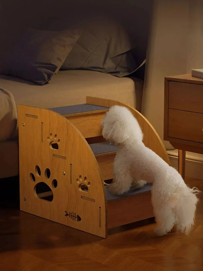Wooden Pet Stairs with Paw Prints - FloofChonk